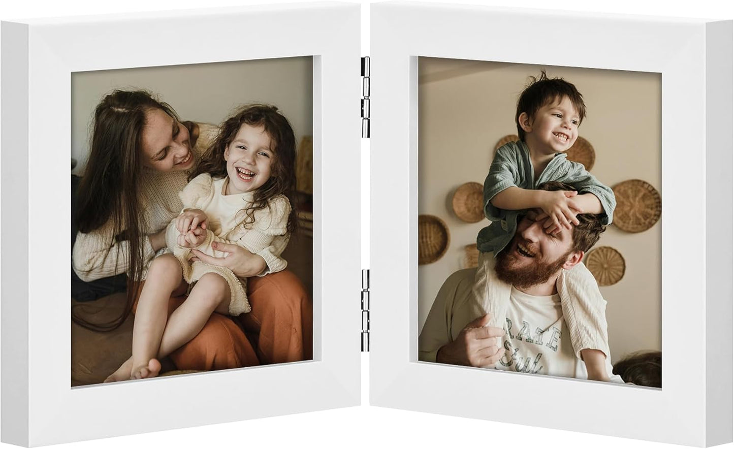 decorUhome Double 4x4 Picture Frame Vertical, Engineered Wood Bifold Photo Frame with Plexiglass for Tabletop Display, 4x4, White