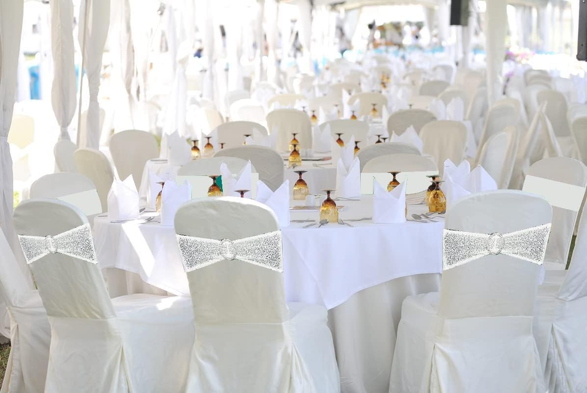50 Pcs Chair Sashes Sequin Stretch Chair Bands Spandex Polyester Bows for Party Hotel Wedding Banquets Decoration - White