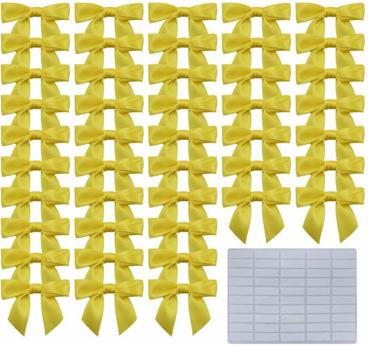 2.5" Hgzgch Yellow Satin Ribbon Bow for Gift Wrapping, Premade Bows for Crafts, Cake, Party Favors, Handmade Bows with Double-Sided Tape, Self Adhesive Gift Bows for Presents, Treats - 50pcs