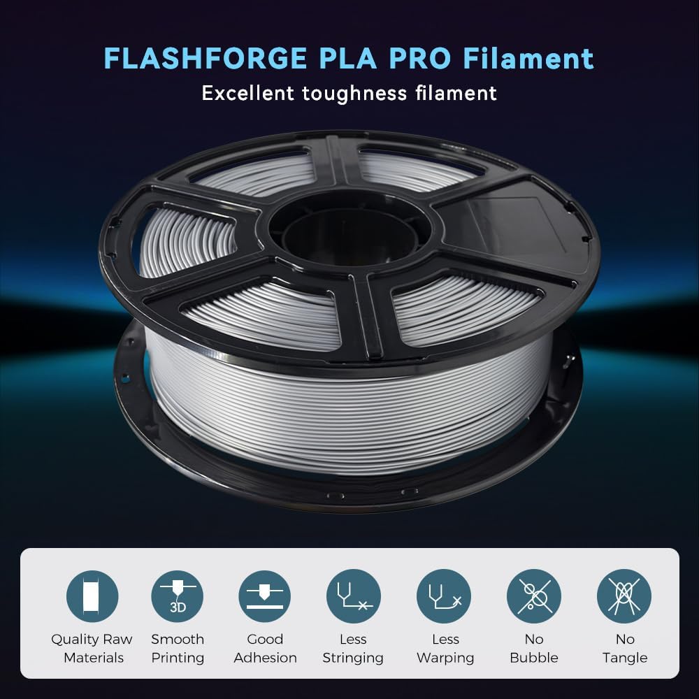 FLASHFORGE 3D Printer Filament, PLA PRO Filament 1.75mm, 1KG Spool (2.2lbs), Dimensional Accuracy +/- 0.02mm for FDM 3D Printers, Better Tenacity & No Knotting (Silver)