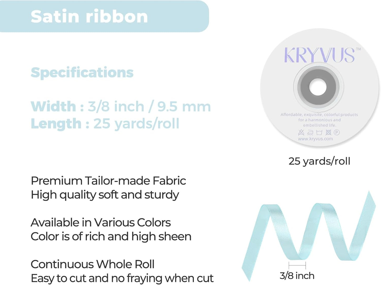 Light Blue Satin Ribbon 3/8 inch X Continuous 25 Yards, Single Face Polyester Ribbon Perfect for Gift Wrapping, Flower Bouquet, Wedding Decor, Crafts, Bow Making, Sewing and More