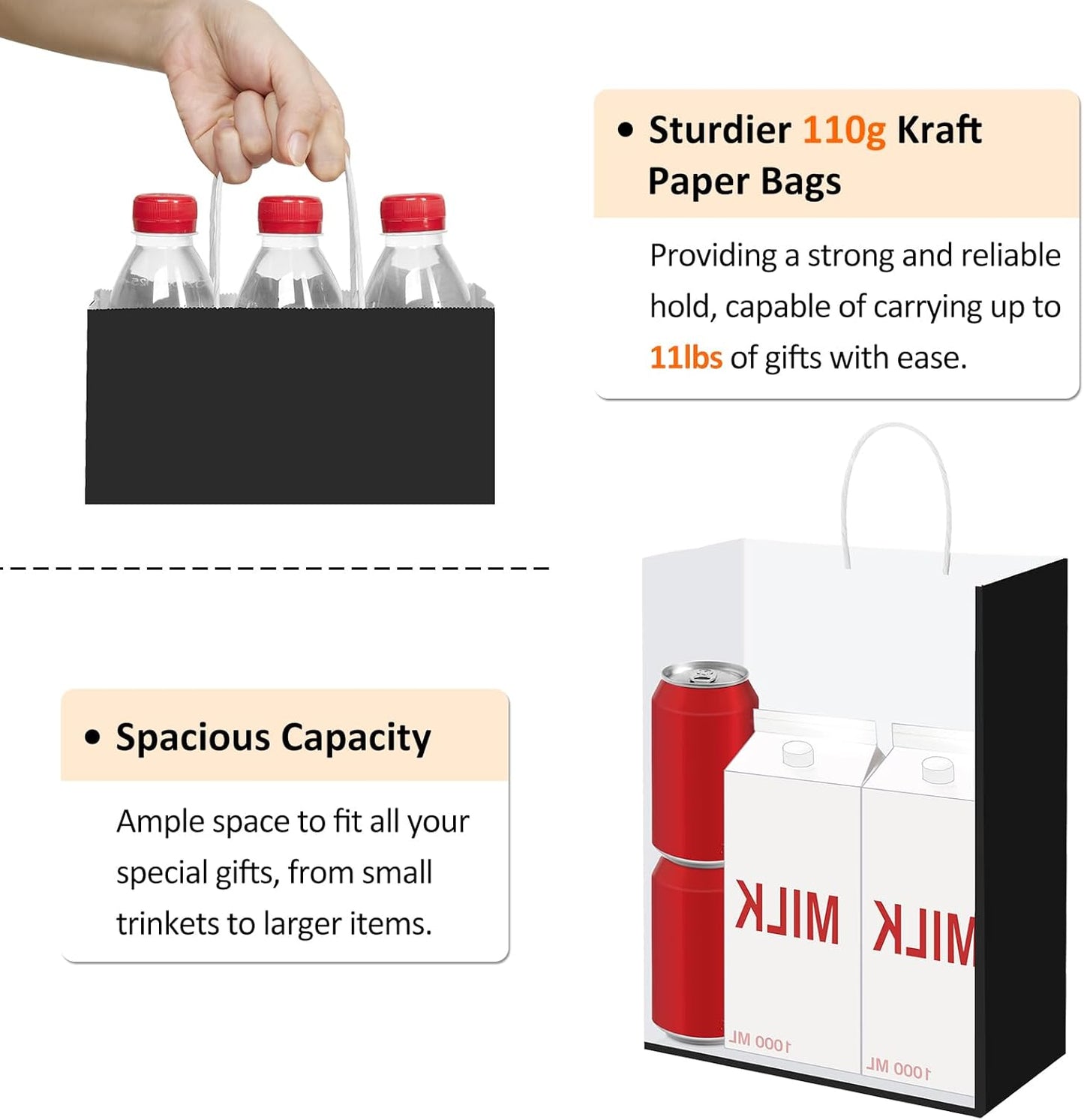 BagDream Black Paper Bags with Handles Bulk 100Pack 10x5x13 Large Gift Bags Kraft Paper Recyclable for Shopping, Merchandise, Retail, Party Favor Gift Sacks