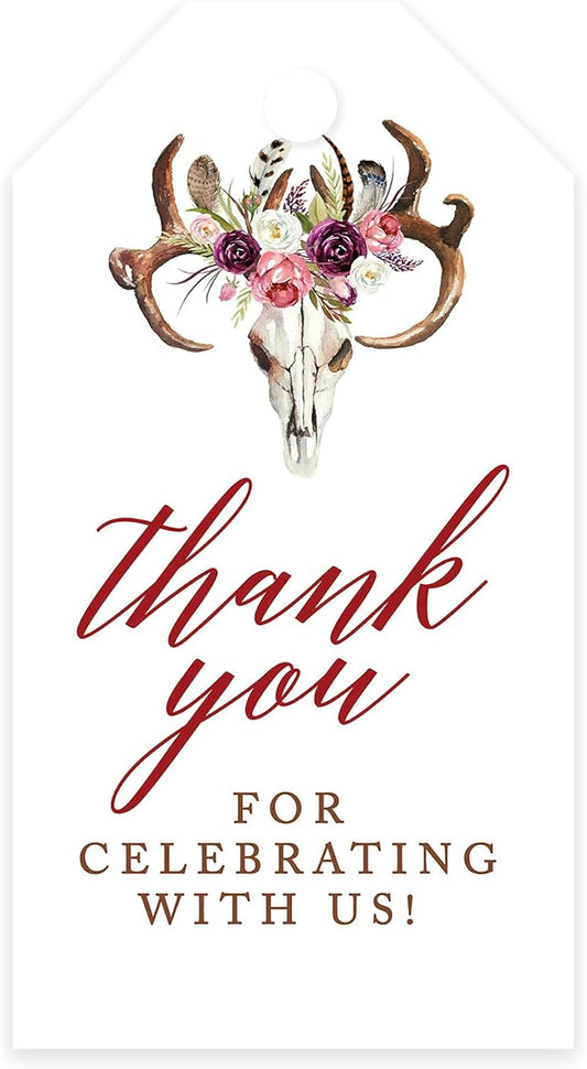 Andaz Press 100-Pack Thank You for Celebrating with Us Favor Tags Boho Rustic Floral Antlers Cardstock Gift Tags with Bakers Twine for Wedding Baby Shower Bridal Shower Party Favors 2 x 3.75-Inches