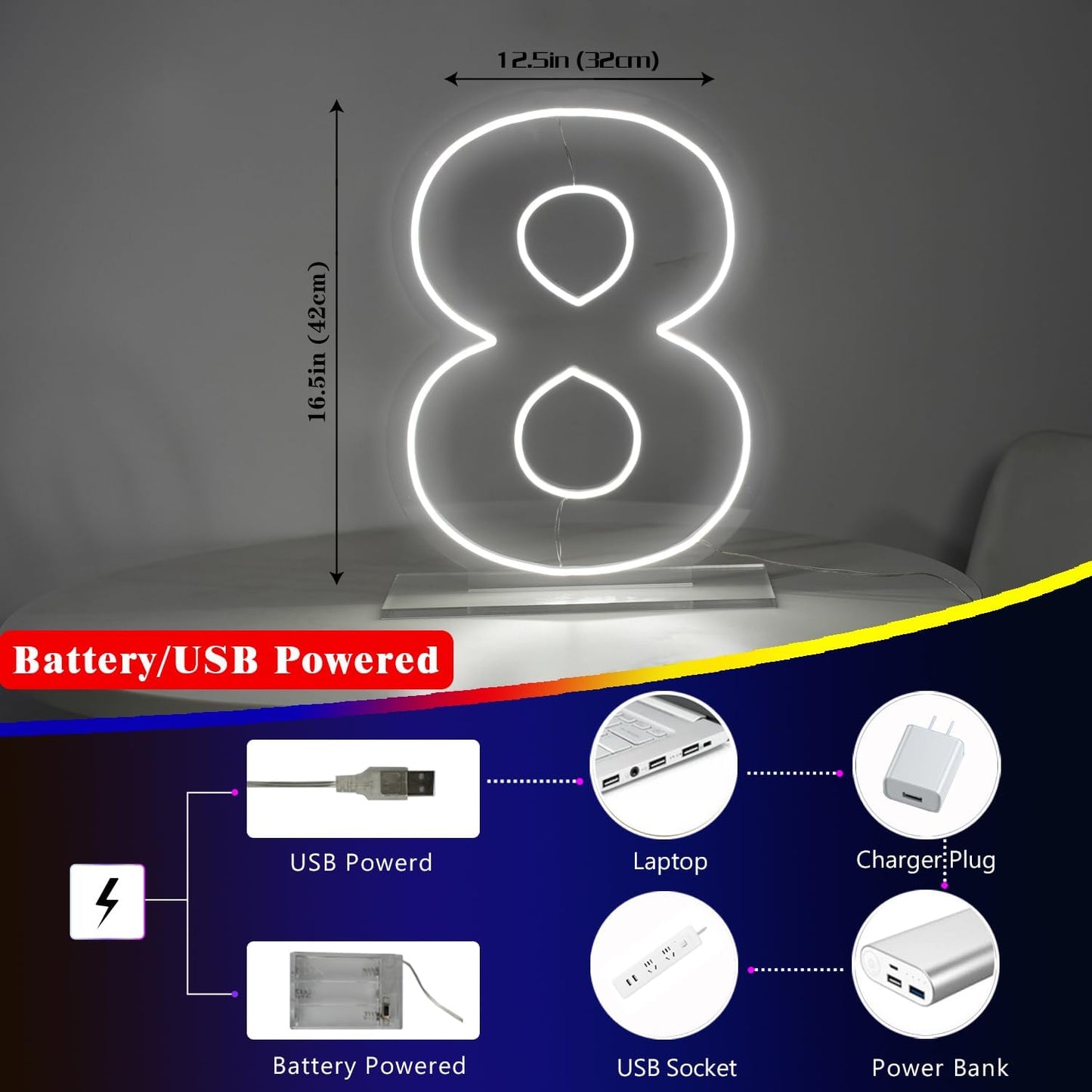 Number 8 Neon Sign for Birthday, 1.38ft Cool White USB Battery Powered Led Neon Sign for Party Wedding Anniversary Decor Light Sign (Number 8)