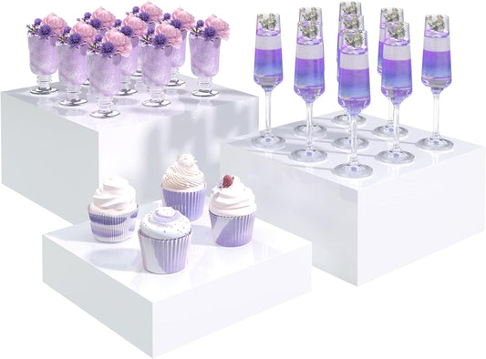 Buffet Risers, Food Display Risers for Party, White Acrylic Risers Display Stand for Buffet Table, Catering Displays for Dessert, Cube Box Nesting Riser with Hollow Bottoms (8"x9"x10" 3PCS)
