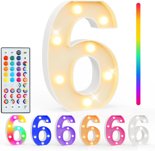 Pooqla Colorful Lighted Numbers with Remote, 35 Colors Light Up Numbers for Party, RGB LED Marquee Number Lights Gift for 6th Birthday Decorations, Wedding, Bar, Night Light, Home Decor, Number 6