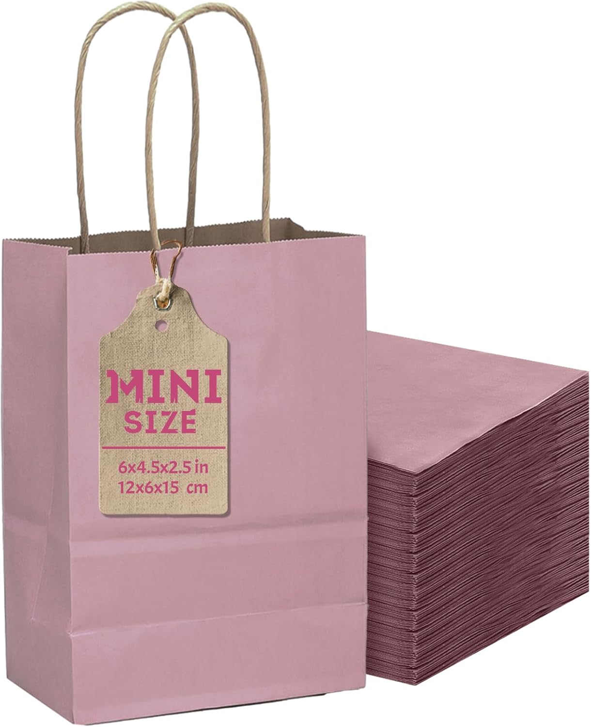 qiqee 24 Pcs Pink Purple Mini Paper Gift Bags with Handles 6"x4.5"x2.5" Small Brown Kraft Party Favor Bags Multiple Uses (Mini size)