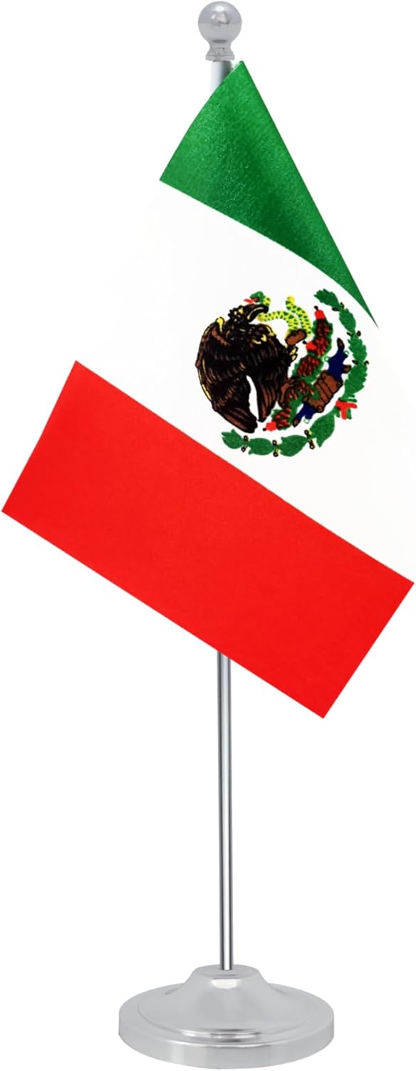 Mexico Desk Flag, Mexican Table Office Flag with Metal Pole and Stand Base, International Country Flags, Festival Event Celebration, Classroom Meeting Desktop Decor (Mexico)