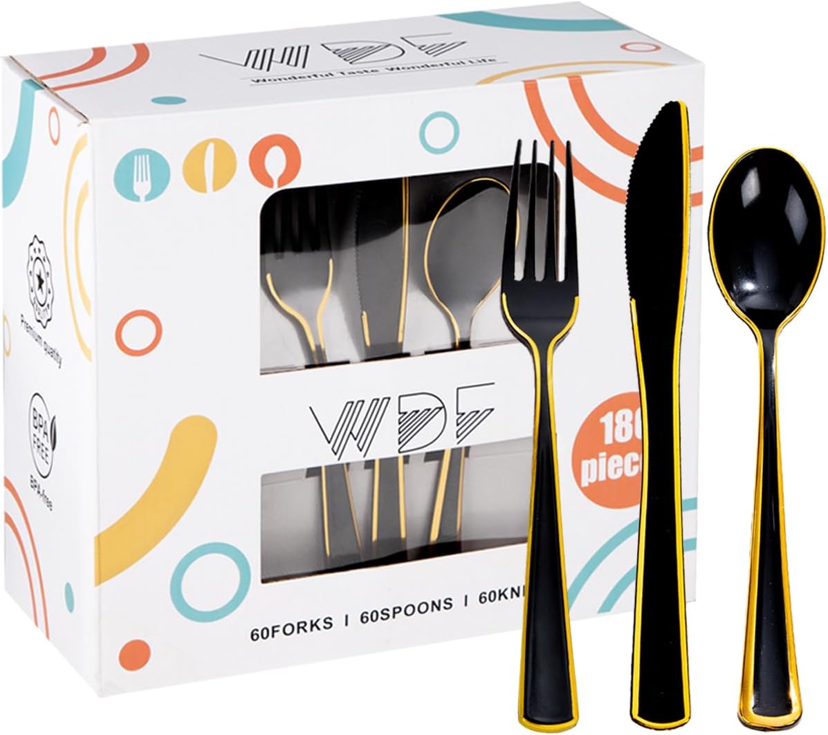 WDF 180 Pieces Black and Gold Plastic Silverware -Halloween Black Plastic Cutlery Incluede 60 Forks 60 Knives 60 Spoons Heavy Duty Disposable Flatware - Gold Utensils for Halloween/Party/Daily Use