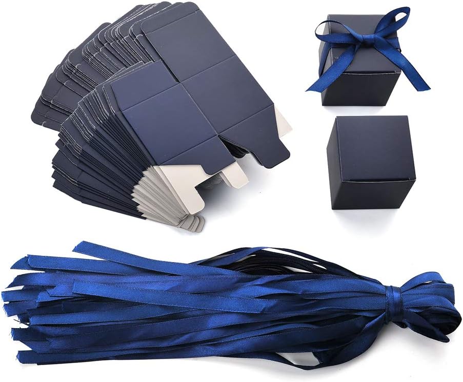 AWELL Navy Blue Gift Candy Box Bulk 2x2x2 inches with Blue Ribbon Party Favor Box,Pack of 50