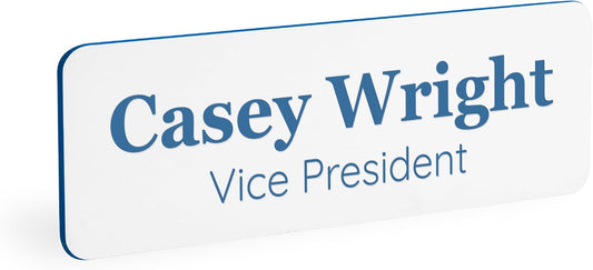 ExcelMark Custom Name Tag - Engraved Name Badge with Pin or Magnetic Backing, 16 Colors, 6 Fonts, and 2 Sizes to Choose from (White w/Blue Letters, 1"x 3")