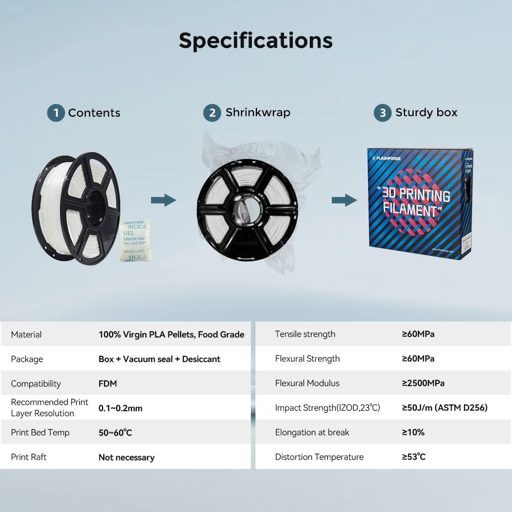 FLASHFORGE 3D Printer Filament, PLA PRO Filament 1.75mm, 1KG Spool (2.2lbs), Dimensional Accuracy +/- 0.02mm for FDM 3D Printers, Better Tenacity & No Knotting (White)
