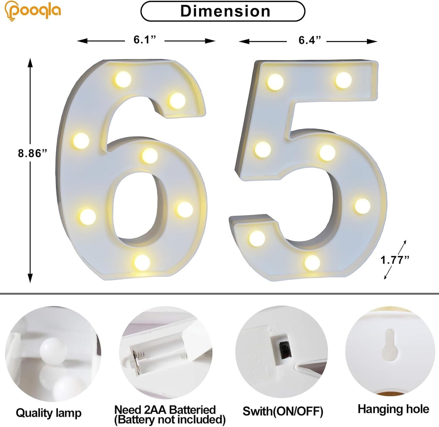 Pooqla Decorative LED Light Up Number Letters, White Plastic Marquee Number Lights Sign for 65th Birthday Party Wedding Decor, Battery Operated (65)