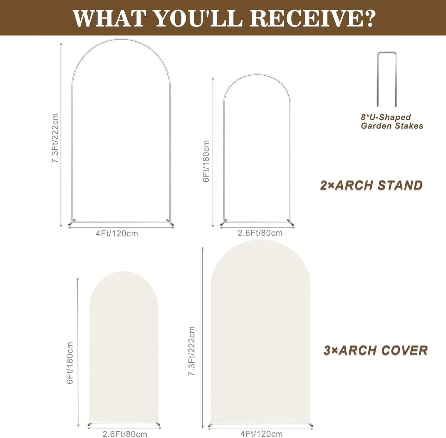 Wedding Arch Backdrop Stand and Cover Set(7.3FT,6FT)Set of 2,Metal Balloon Arch Stand Frame for Wedding Birthday, Party, Baby Shower, Graduation Ceremony, Beige