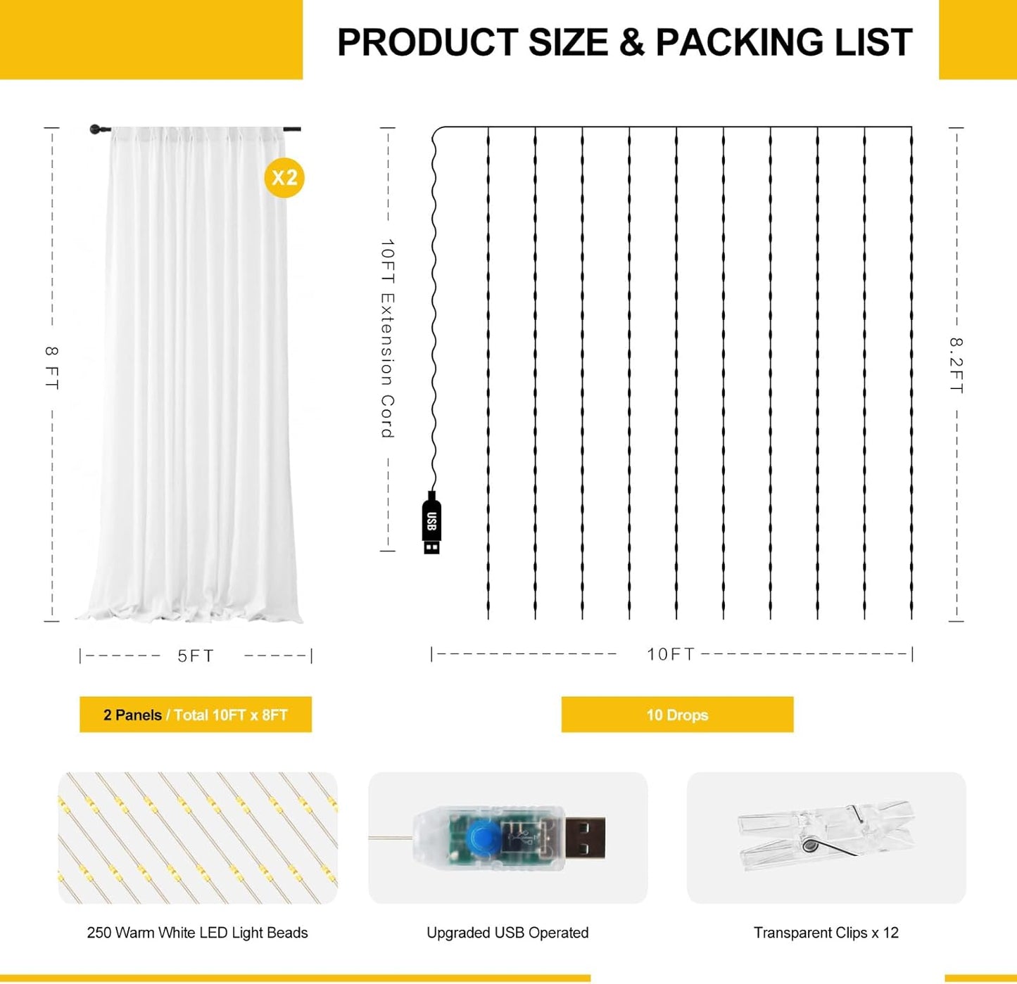 White Tulle Backdrop with Fairy Lights for Parites Wrinkle-Free Sheer Curtain Drapes Photo Back Drop for Wedding Baby Shower Bridal Shower Birthday Dance Home Décor- 10ft×8ft, White