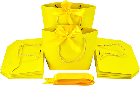 HUAPRINT Gift Bags with Handles,7.48×3.54×7.9 inches,Party Favor Bags with Bow Ribbon,12Pcs Yellow Paper Bags for Birthday Wedding Bridesmaid Present Celebration Holiday
