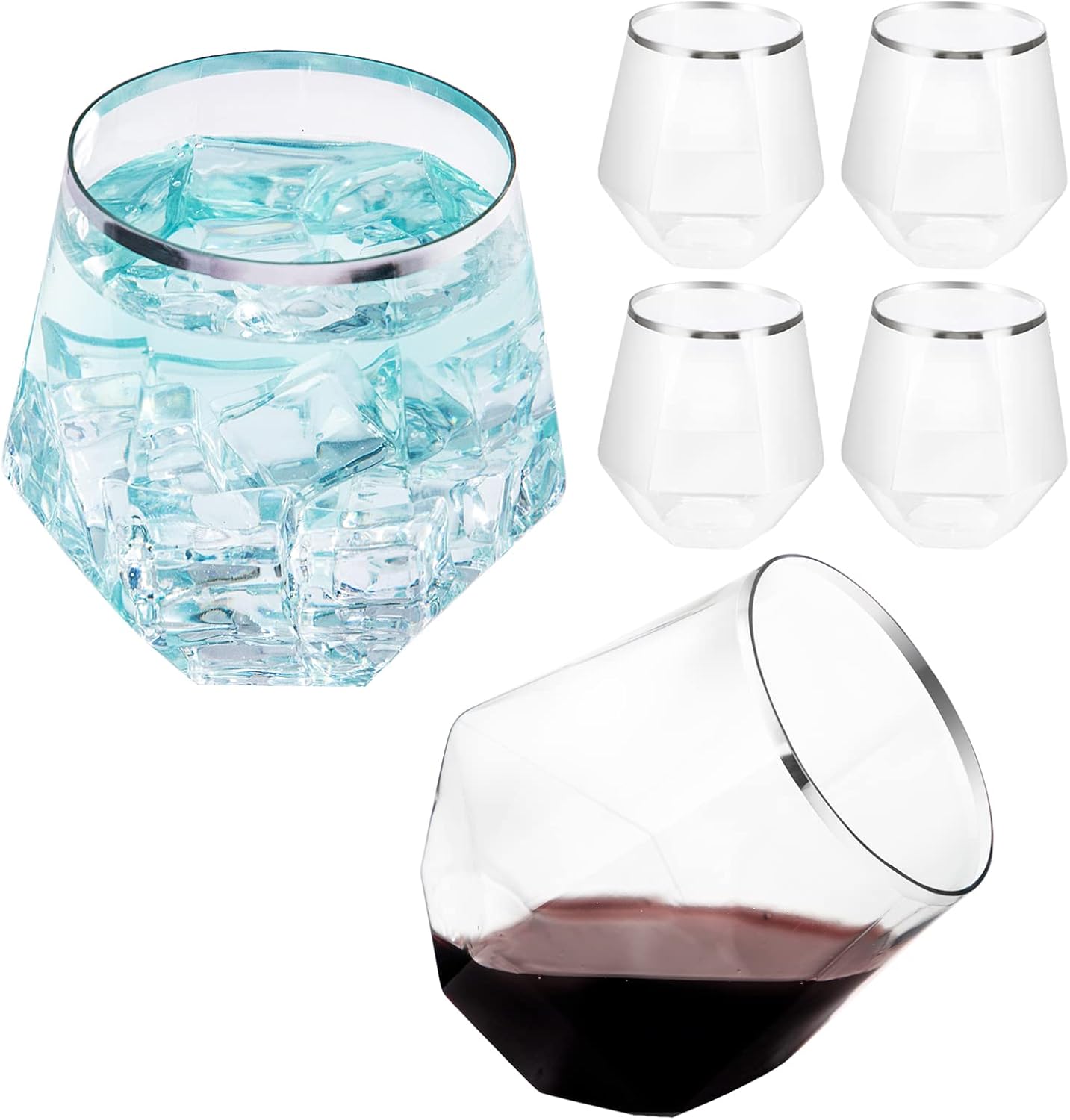 LUODA Silver Diamond Shaped Plastic Stemless Wine Glasses Set of 24, Disposable 12 Oz Silver Plastic Whiskey Glasses for Birthday, Housewarming and Wedding