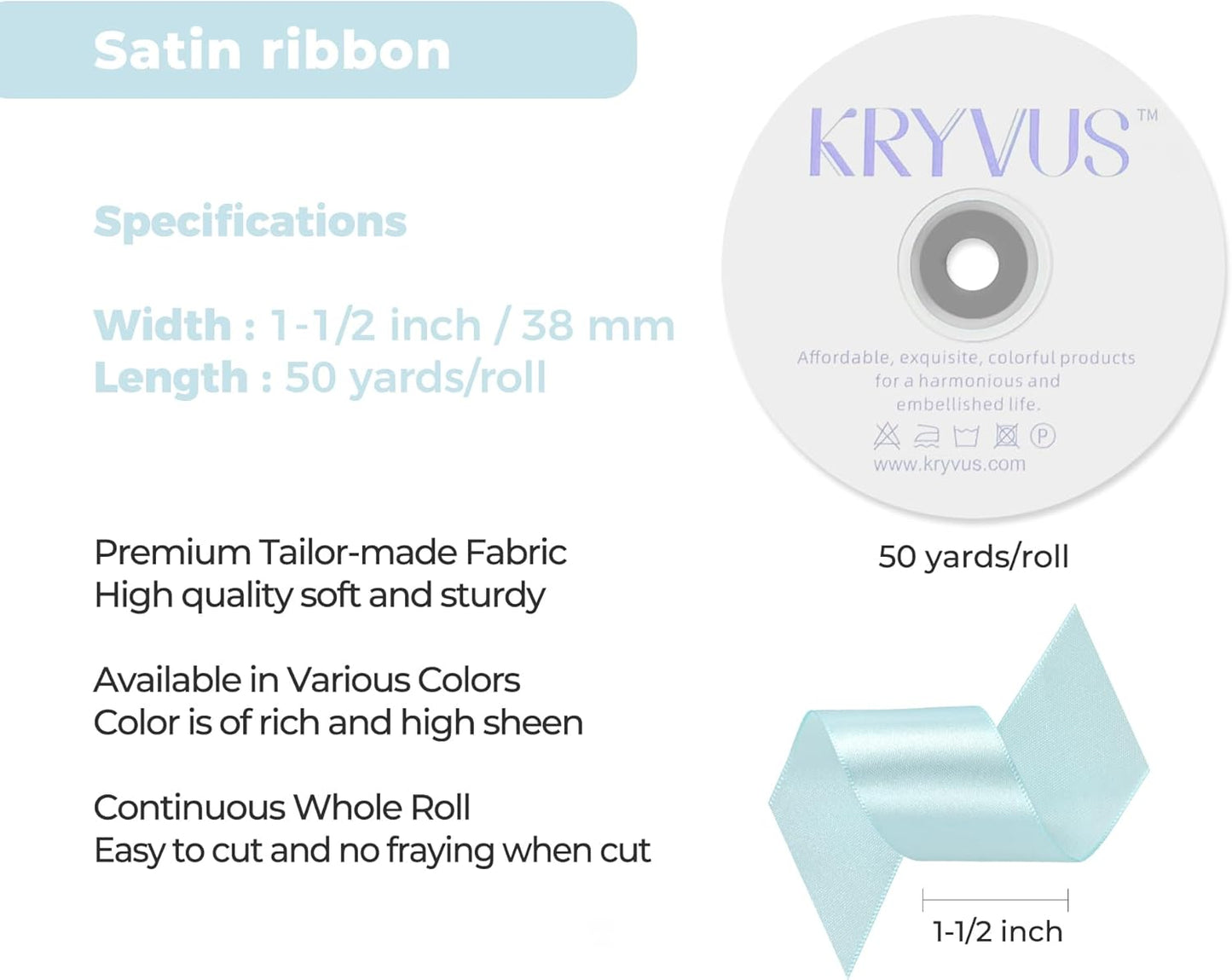 Light Blue Satin Ribbon 1-1/2 inch X Continuous 50 Yards, Single Face Polyester Ribbon Perfect for Gift Wrapping, Flower Bouquet, Wedding Decor, Crafts, Bow Making, Sewing and More