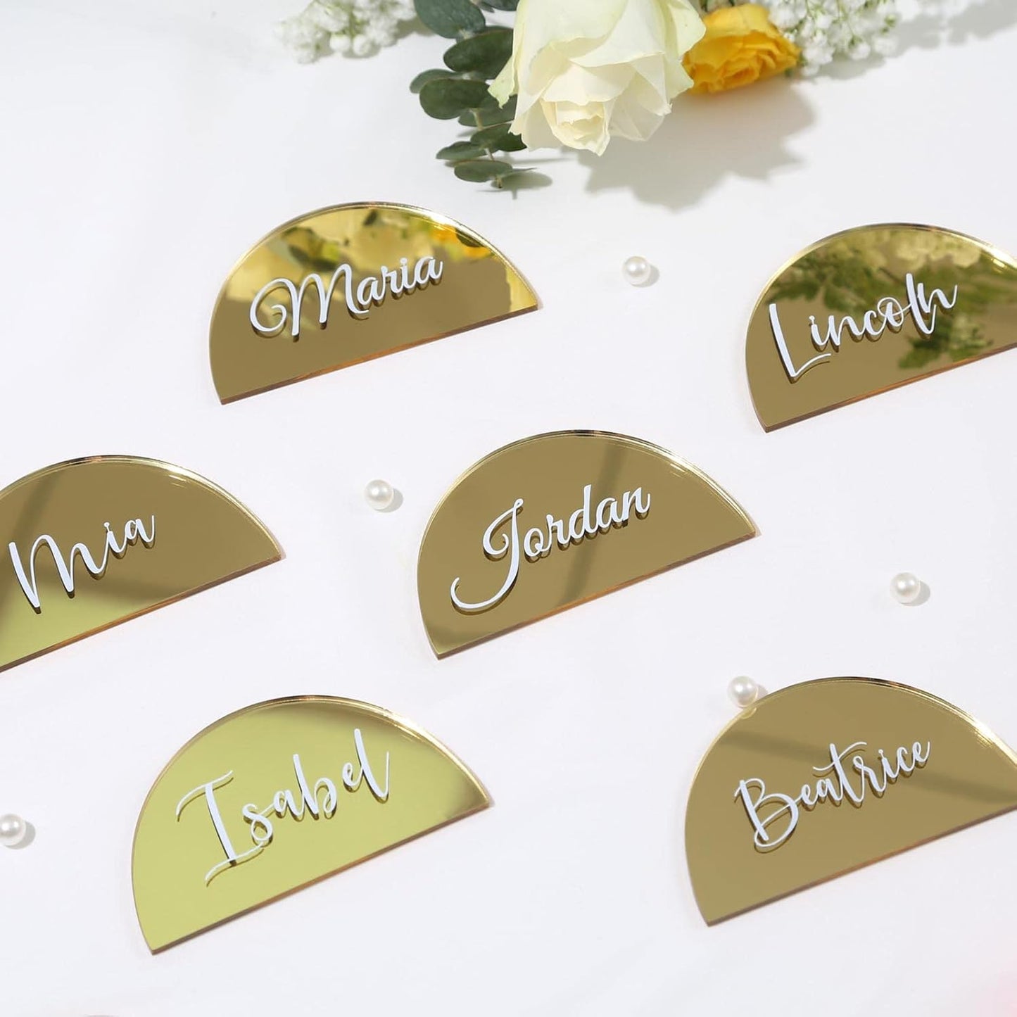 UNIQOOO 20 Pcs 3.5x2 inches Gold Mirror Half Circle Acrylic Sign DIY Blank Semicircle Acrylic Place Cards, Perfect for Wedding Table Decor, Centerpiece, Decoration, Party,Anniversary, Event