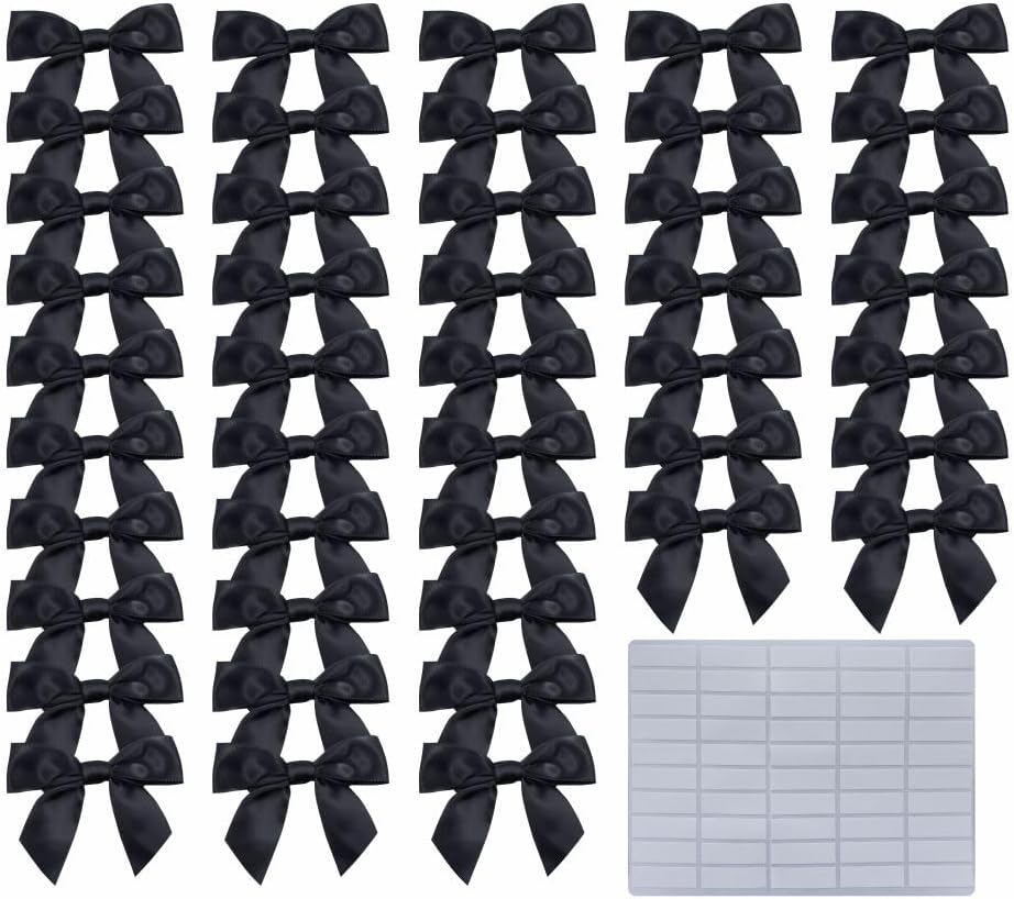 2.5" Hgzgch Black Satin Ribbon Bow for Gift Wrapping, Premade Bows for Crafts, Cake, Party Favors, Handmade Bows with Double-Sided Tape, Self Adhesive Gift Bows for Presents, Treats, Christmas - 50pcs