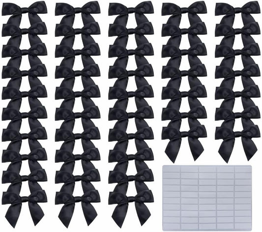 2.5" Hgzgch Black Satin Ribbon Bow for Gift Wrapping, Premade Bows for Crafts, Cake, Party Favors, Handmade Bows with Double-Sided Tape, Self Adhesive Gift Bows for Presents, Treats, Christmas - 50pcs