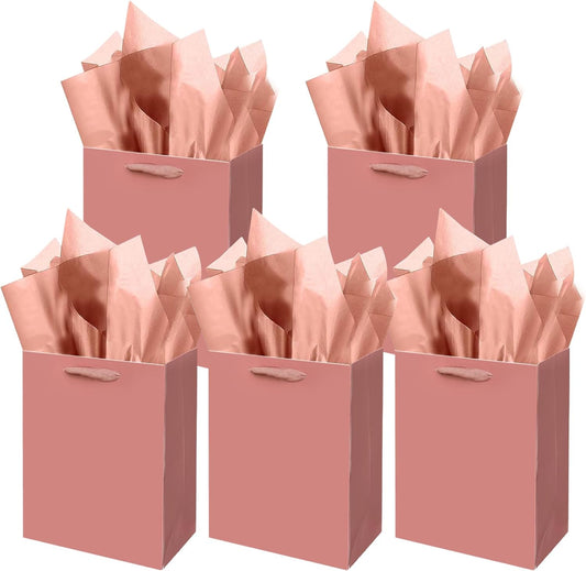 Gcardist Cinnamon Pink Gift Bags With Tissue Paper for Wedding, Birthday, Party Supplies - Medium Size 7.9"x4.3"x9.6" Cardboard (5 Bags + 10 Tissue Papers)