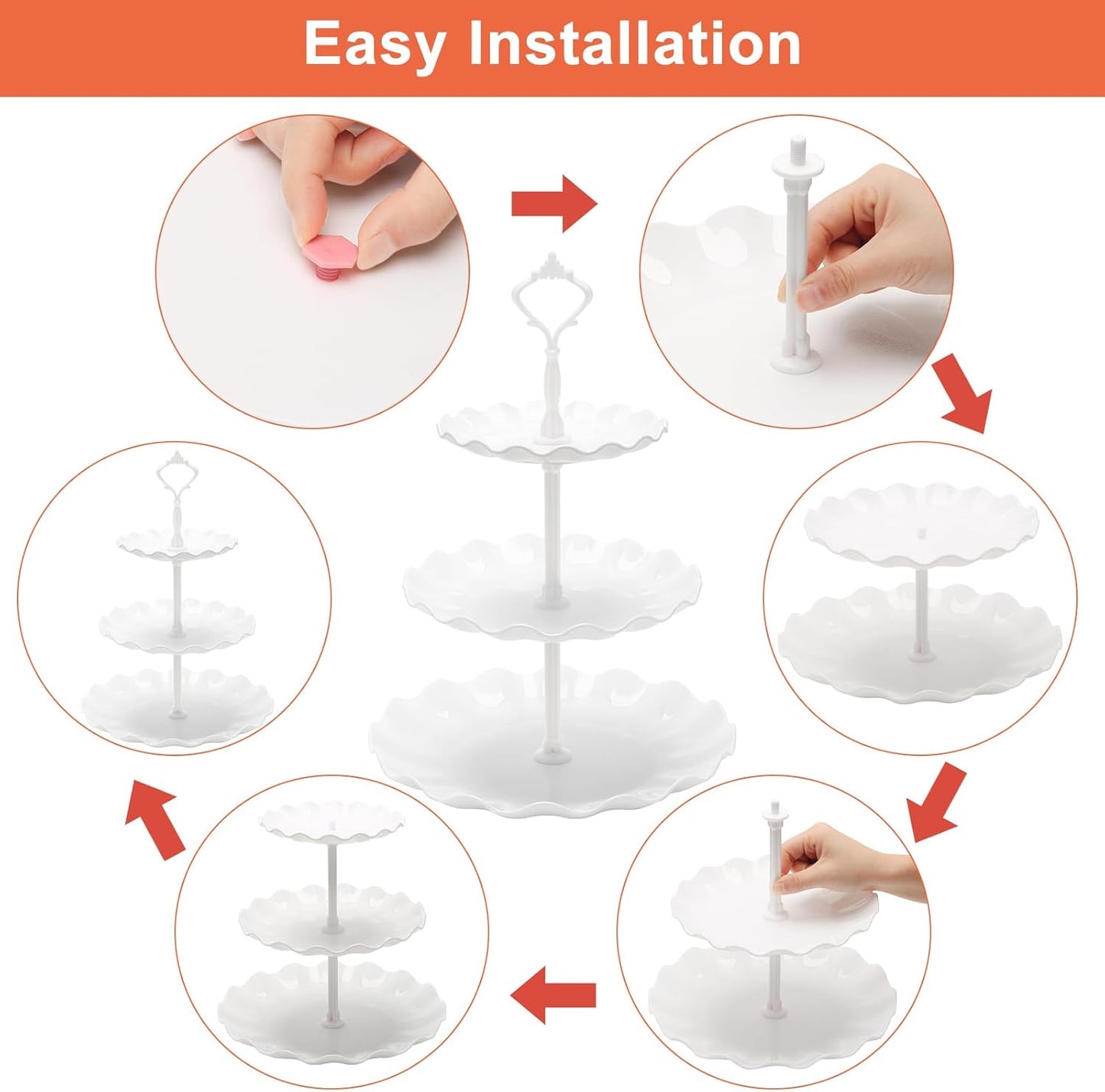 Coitak 3 Tier Cupcake Stand, Plastic Tiered Serving Stand, Dessert Tower Tray for Tea Party, Baby Shower and Wedding (Wavy-White Rod)