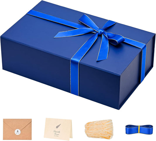 LIFELUM Navy Blue Birthday Gift Box for Men 13.8 x 8.3 x 4.4 inch, Groomsmen Proposal Gift Box for Presents with Lids Ribbon,Card,Shredded Paper Filler