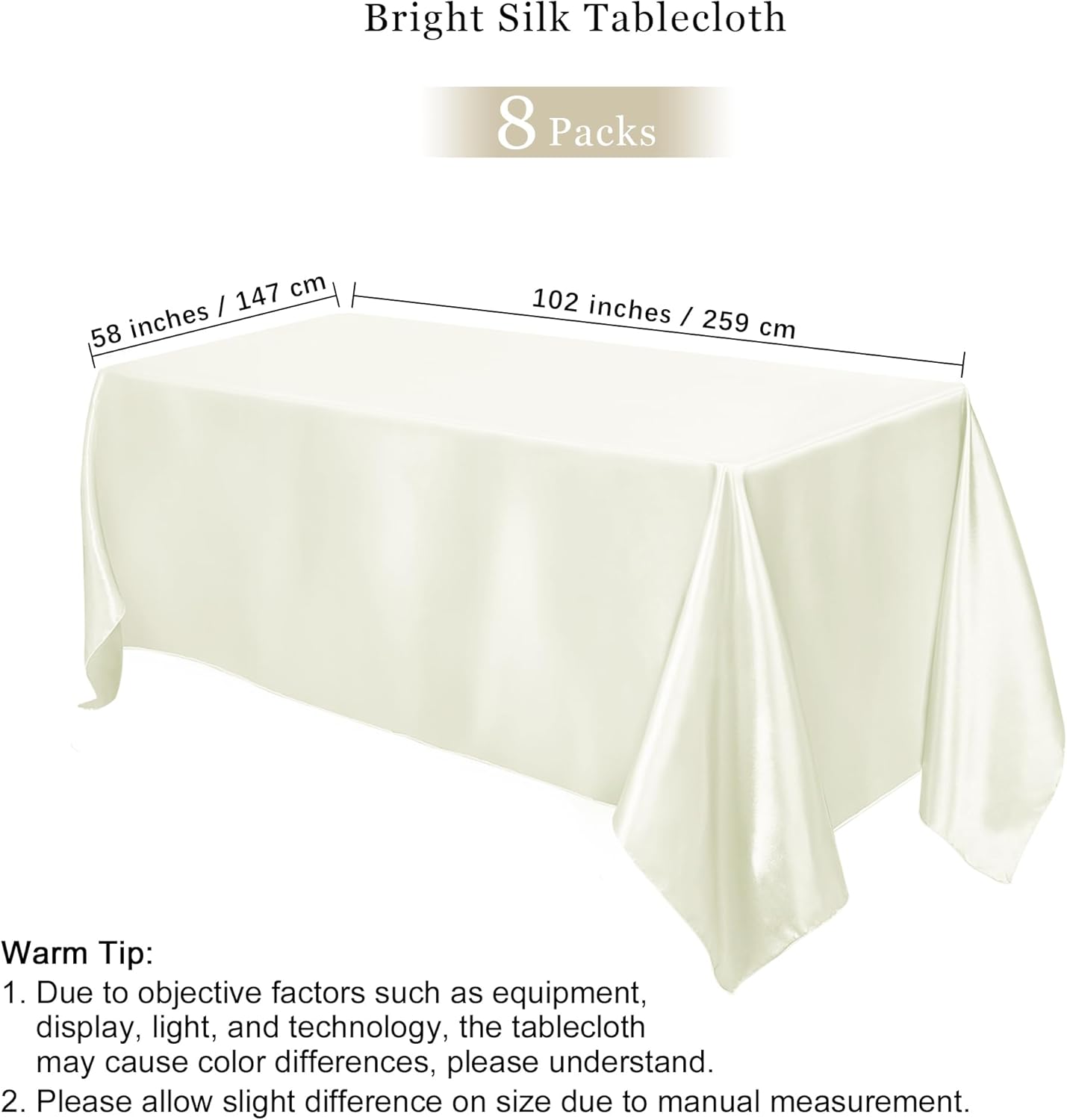 TURSTIN 8 Packs Ivory Satin Tablecloth 102 x 58 Inch Overlay Satin Table Cover Rectangle Bright Silk Tablecloth Smooth Fabric Table Decoration for Wedding Banquet Party Events
