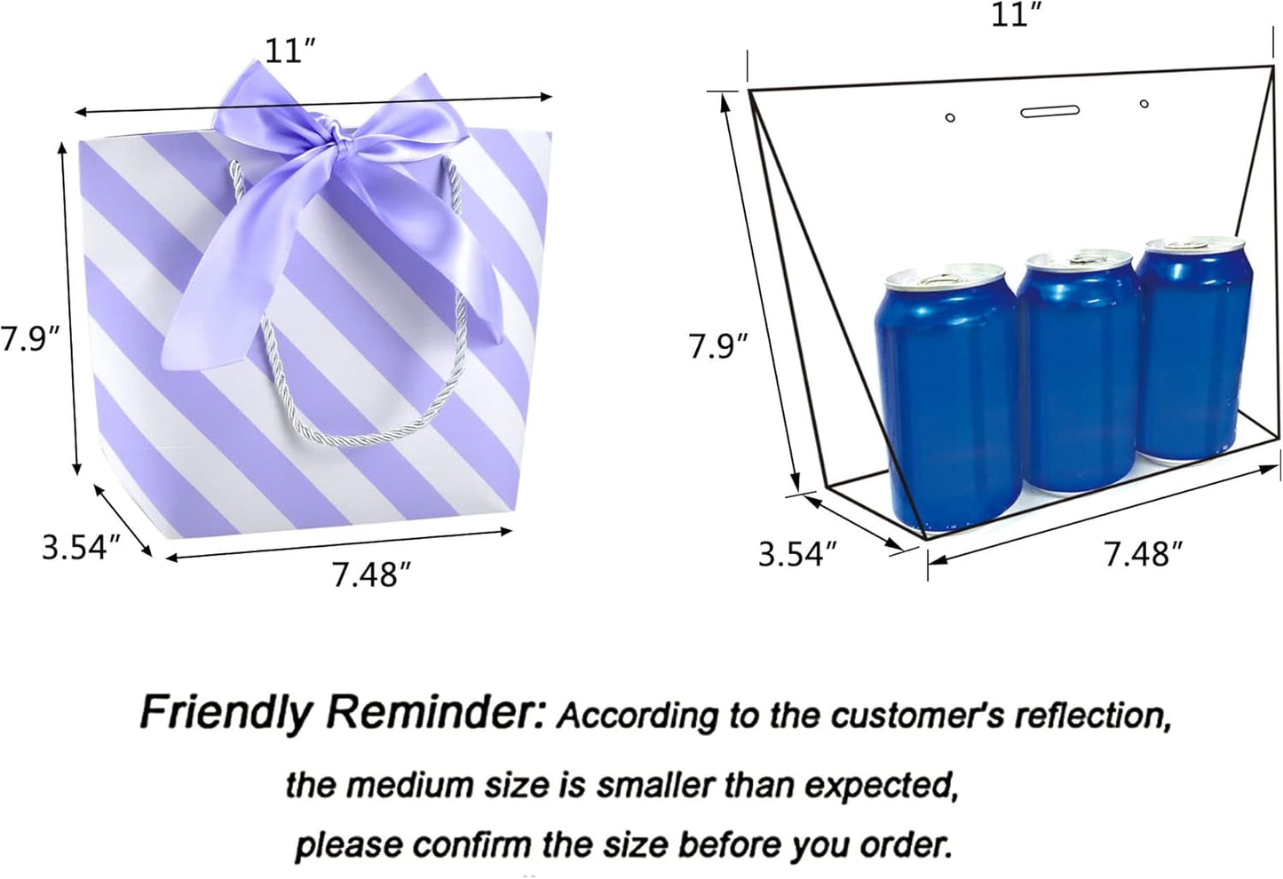 HUAPRINT Gift Bags with Handles,7.48×3.54×7.9 inches,Party Favor Bags with Bow Ribbon,12Pcs White and Light Purple Stripe Paper Bags for Birthday Wedding Bridesmaid Present Celebration Holiday