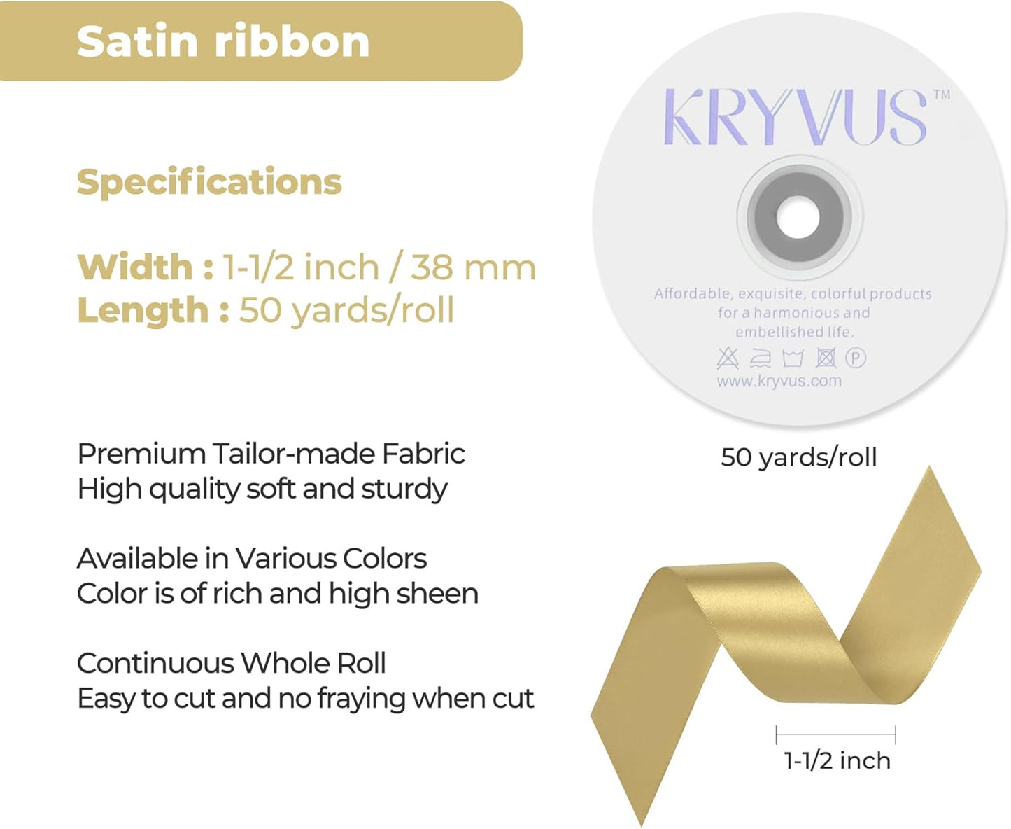 Light Gold Satin Ribbon 1-1/2 inch X Continuous 50 Yards, Single Face Polyester Ribbon Perfect for Gift Wrapping, Flower Bouquet, Wedding Decor, Crafts, Bow Making, Sewing and More