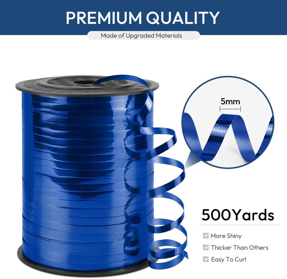 Blue Curling Ribbon, 1/5" Wide x 500 Yards Christmas Curling Ribbons for Gift Wrapping, Party Decoration, Balloon String, Hair, Ribbons for Florist Flower (1 Roll)