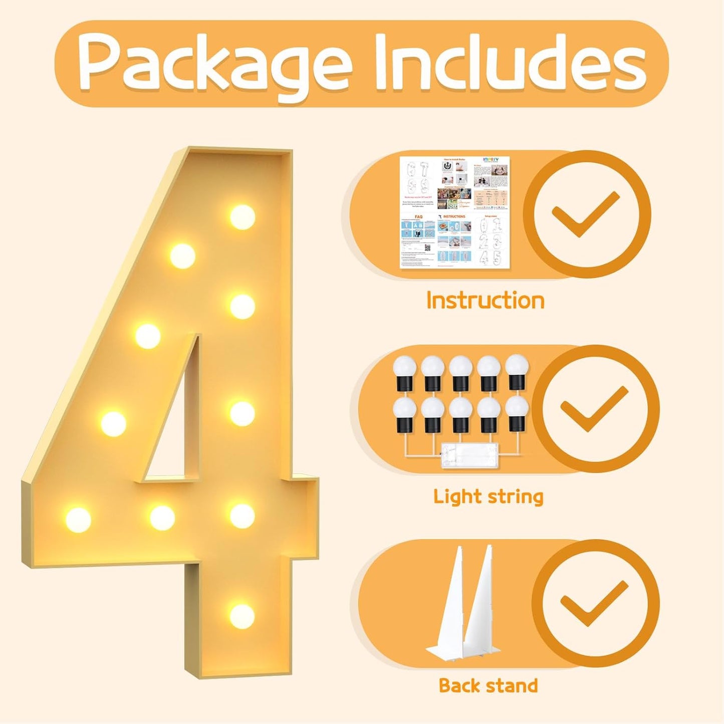 Marquee Numbers 4 Feet Tall Large Light Up Numbers 4th 14th 24th Four Ever Sweet Birthday Decorations Girl Boy Big Yellow Light Outdoor Anniversary Decorations Balloon Arch Kit Party Backdrop 4