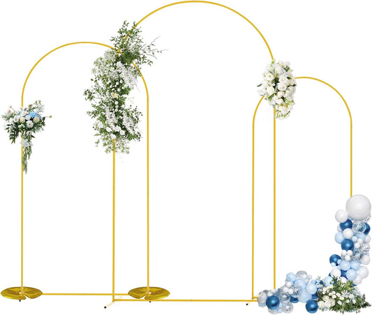 Metal Arch Backdrop Stand Set of 3 (7.2FT/6.6FT/6FT) - Heavy-Duty Gold Wedding Arch with Water Bag for Weddings, Baby Showers, Birthdays, Graduation, Parties & Outdoor Events