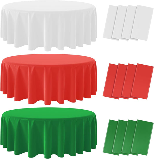12 Pack Christmas Round Disposable Tablecloth, Red White Green Circle Plastic Tablecloth Bulk, Italy Theme Table Covers for Christmas Family Gathering Dining Banquet Italian Party Decoration,84inch