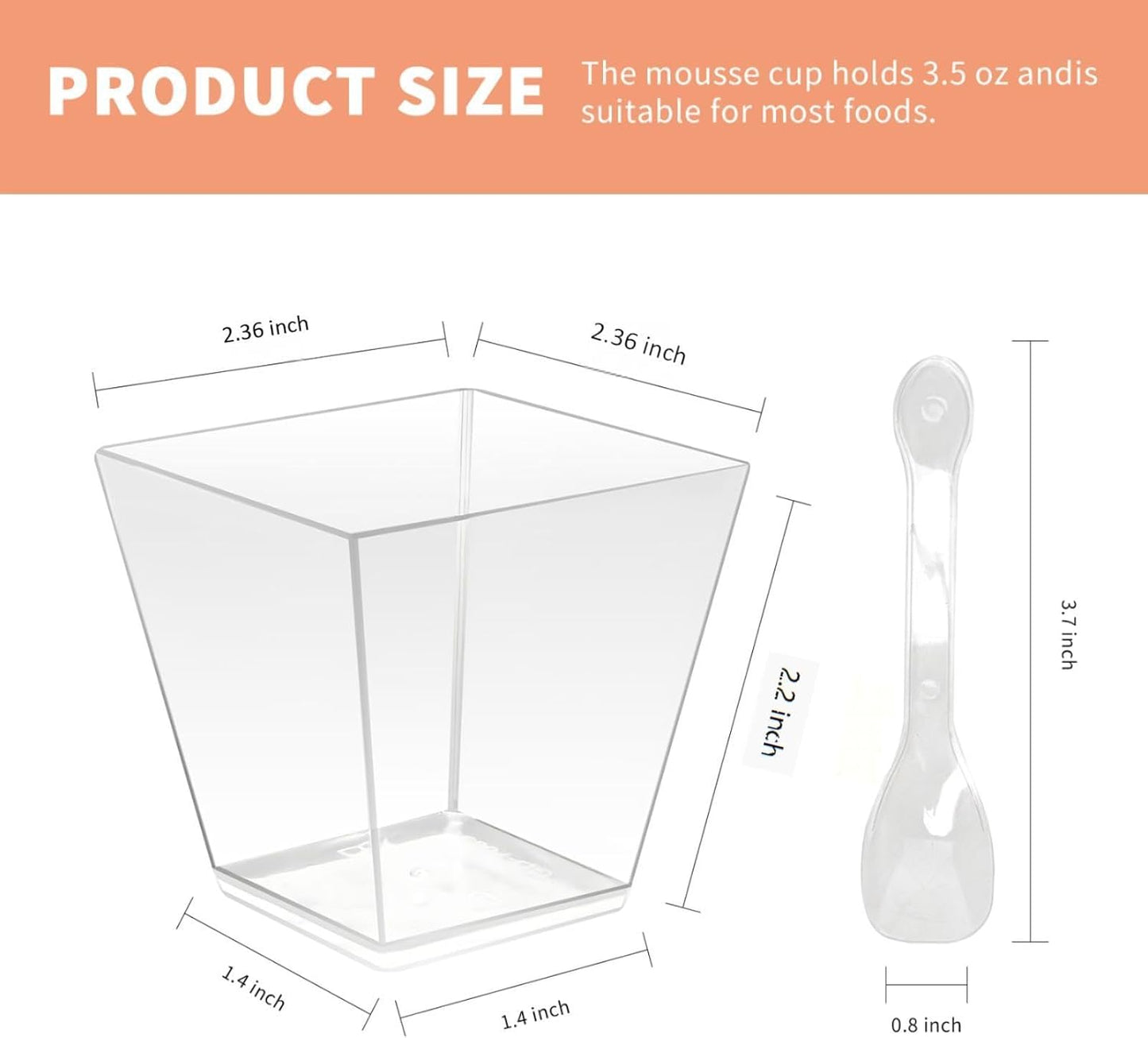 50 Pack 3.5 oz Clear Plastic Square Dessert Cups with Spoons，Mini Disposable Parfait Cups for Yogurt, Ice Cream and Tasting，Serving Cups for Appetizer，Pudding，Party (3.5 oz)