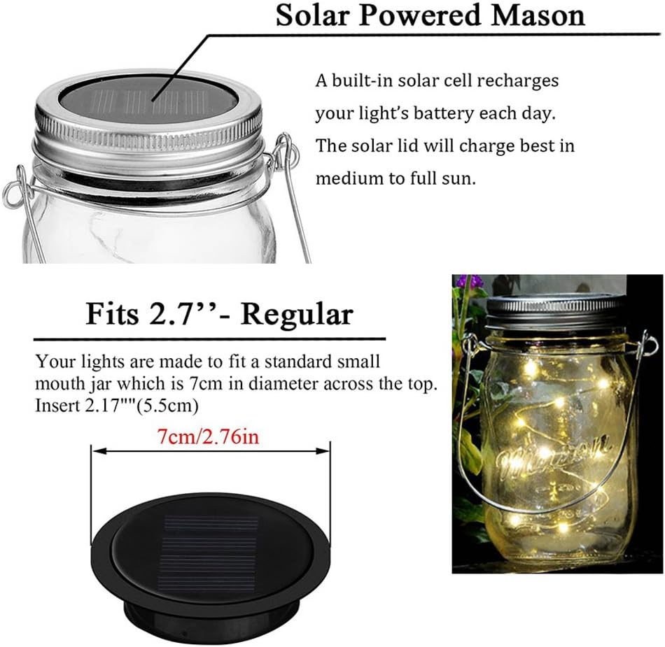 6 Pack Mason Jar Lights, 10 LED Solar Colorful Flicker Fairy String Lights Lids Insert for Garden Deck Patio Party Wedding Decorative Lighting Fit for Regular Mouth Jars …