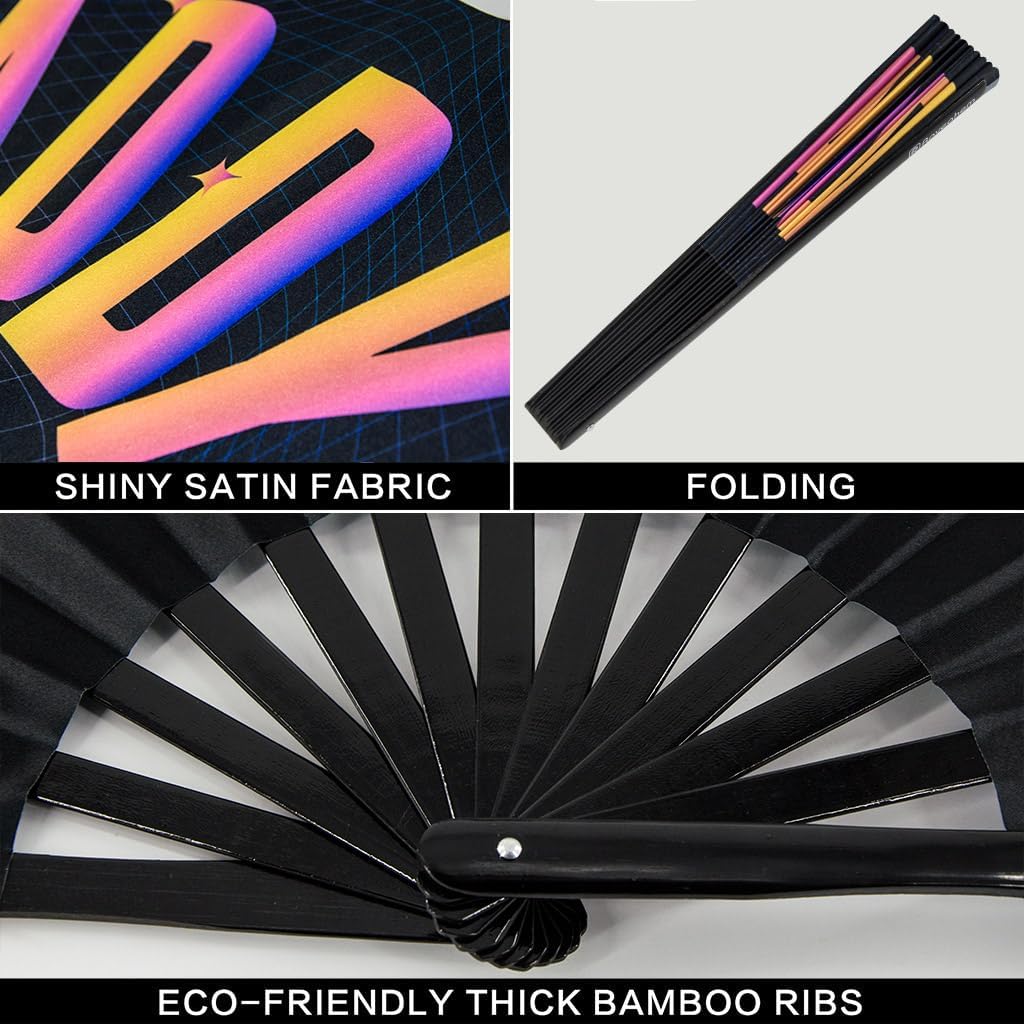 UV Glow Rave Fan, Bamboo Folding Clack Hand Fans Foldable for Men Women, Boots on the Ground Poping Fan for EDM Festival Line Dance Decoration, (Rave Daddy, Large 13")