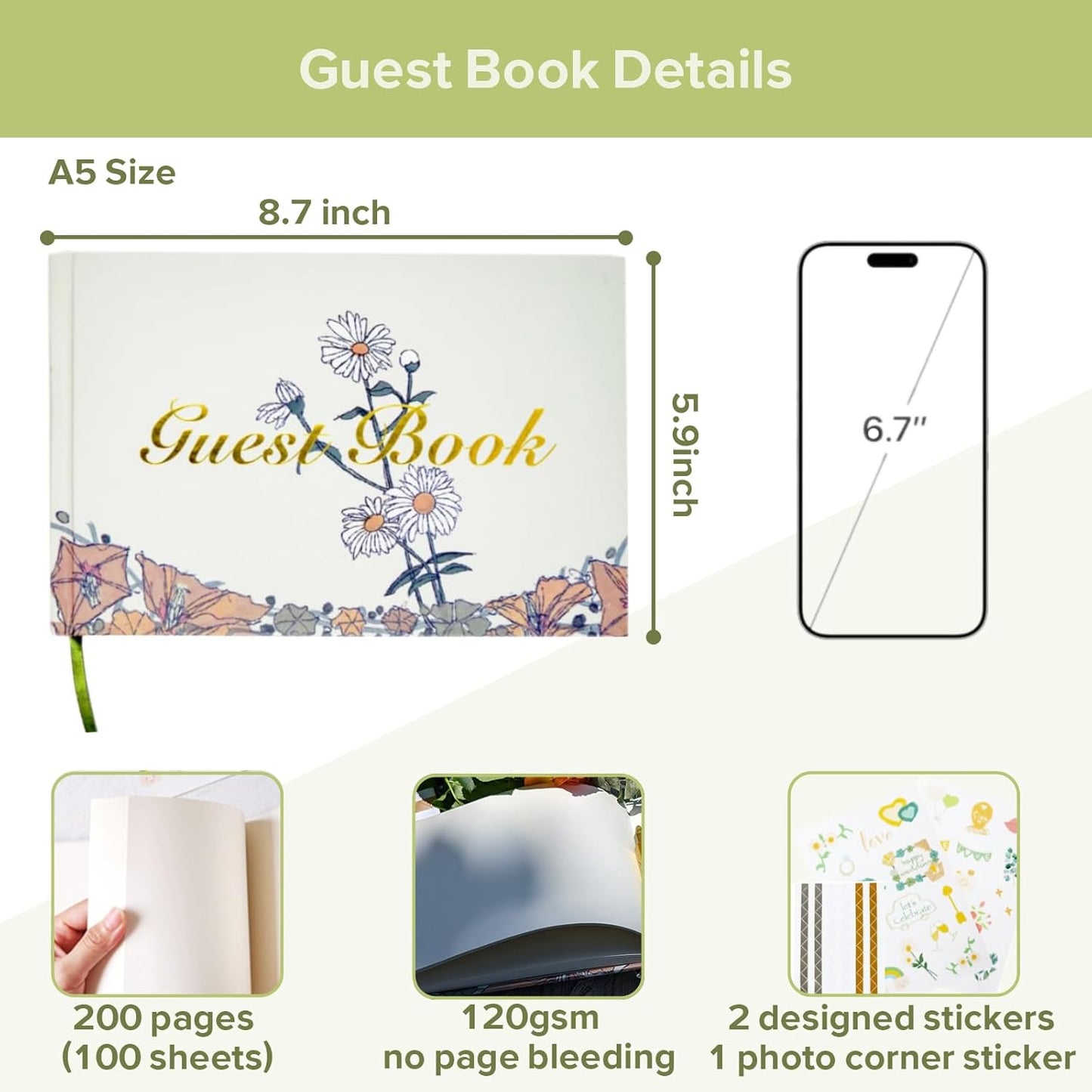 Guest Book for Wedding Reception, Party, Birthday, Polaroid GuestBook Retro Elegant Daisy Guest Sign In Book, Anniversary Sign Book Alternatives, 200 Blank Pages(100 sheets), 8.7"x5.9"