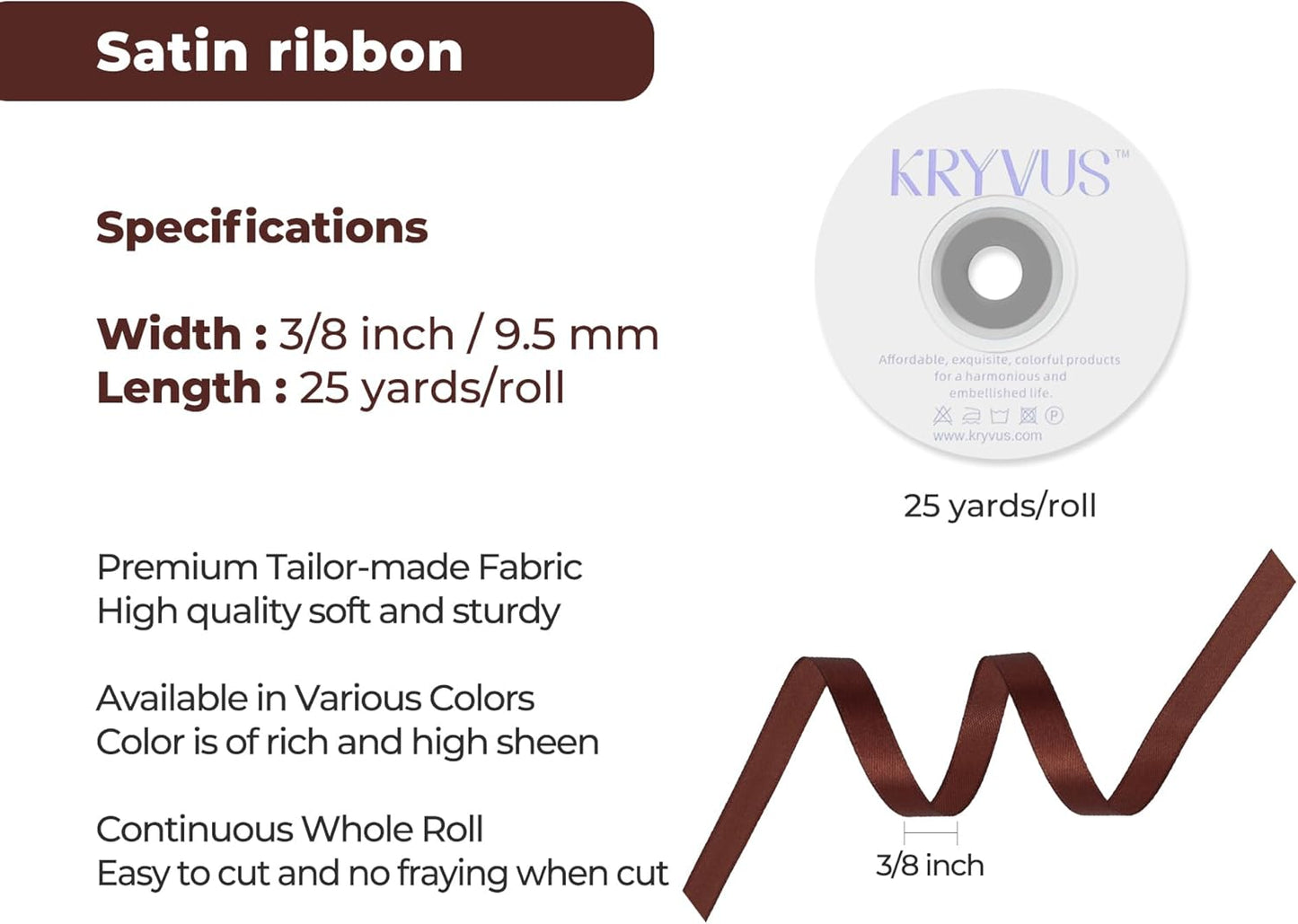 Coffee Brown Satin Ribbon 3/8 inch X Continuous 25 Yards, Single Face Polyester Ribbon Perfect for Gift Wrapping, Flower Bouquet, Wedding Decor, Crafts, Bow Making, Sewing and More