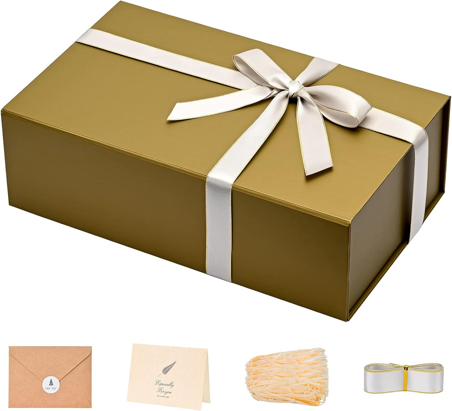 LIFELUM Empty Gift Boxes 1 Pack 13.85 x 8.35 x 4.45 inch Rectangle Collapsible Box with Magnetic Lid and Ribbon,Card,Shredded Paper Filler