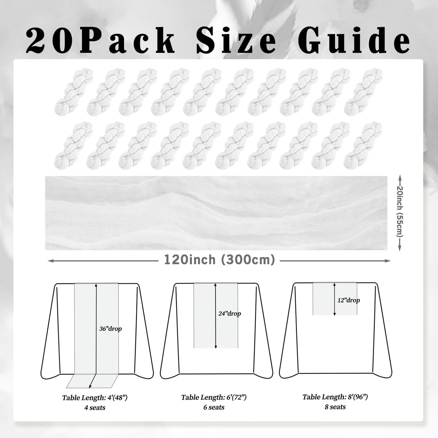 10FT 20 Pack White Cheesecloth Table Runner 20 x 120 Inch Long Rustic Gauze Cheese Cloth Table Runner for Wedding Bridal Baby Shower Table Decorations Boho Fabric Sheer Birthday Party Table Decor
