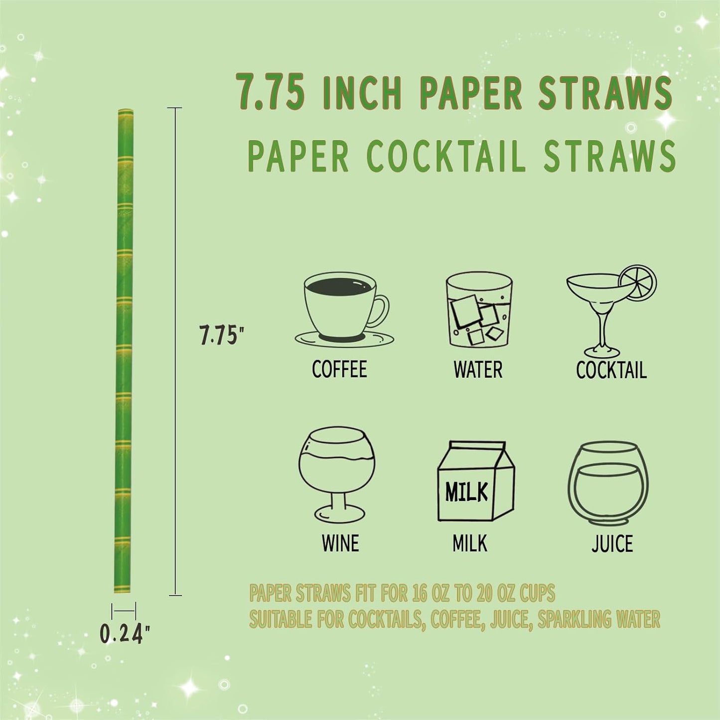 GLUJASBIO 7.75" Green Disposable Paper Straws - Biodegradable Drinking Straws for Party Suppliers, Cocktails, Juices, Drink, 100 Pack, Bamboo Pattern