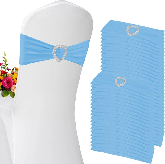 100 Pack Spandex Stretch Blue Chair Sashes Bows Universal Elastic Light Blue Chair Cover Bands Ties with Buckle Slider for Wedding Party Banquet Ceremony Reception Event Decorations