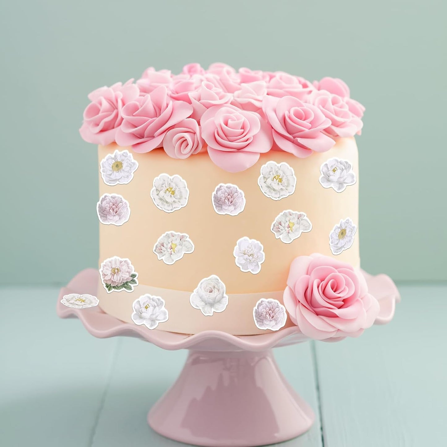 48PCS Edible Rose Flowers Cupcake Toppers Edible White Rose Flowers Cupcake Decor Wafer Paper Wedding Flowers Cupcake Picks for Flowers Theme Engagement Birthday Party Decor Supplies