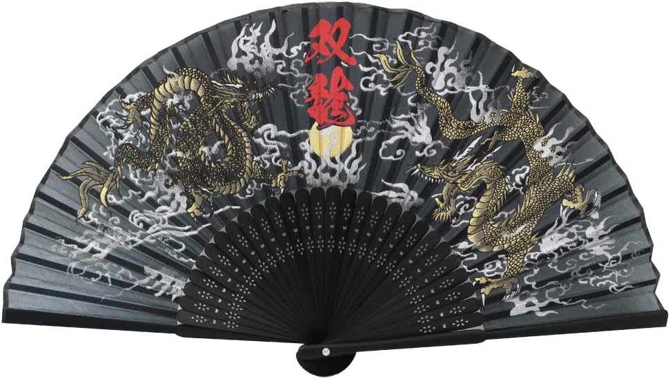 Terra Distribution Folding Fan [Japan Import] Hand Fans for Women Foldable, Japanese Fan, Unique Design, Handmade Bamboo, Silk Fan, 8.6" (22cm), Abanicos de Mano (554 (Double Dragon))