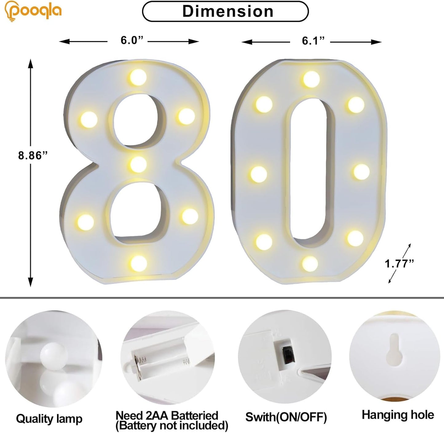 Pooqla Decorative LED Light Up Number Letters, White Plastic Marquee Number Lights Sign for 80th Birthday Party Wedding Decor, Battery Operated (80)