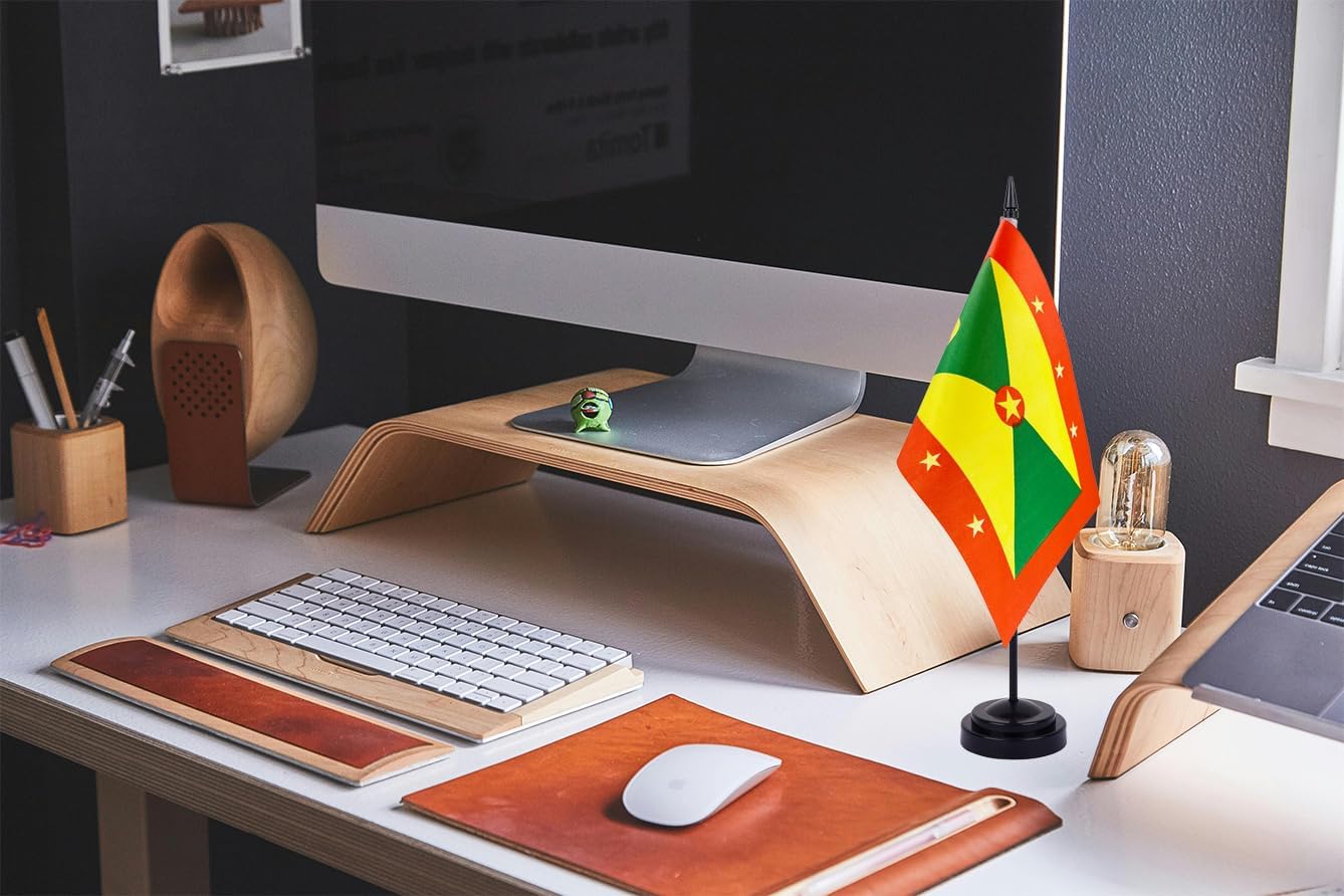 WXTWK 2 Pack Grenada Flag Grenada Deluxe Desk Flag Set - Mini Small Grenada Table Office Flags with Black 12" Solid Pole Stand Base Classroom Meeting Desktop Decorations