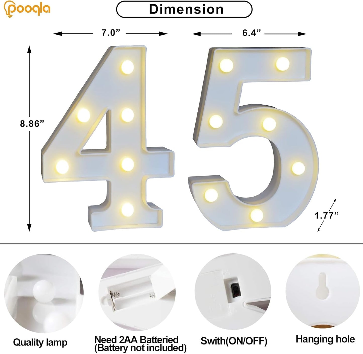 Pooqla Decorative LED Light Up Number Letters, White Plastic Marquee Number Lights Sign for 45th Birthday Party Wedding Decor, Battery Operated (45)