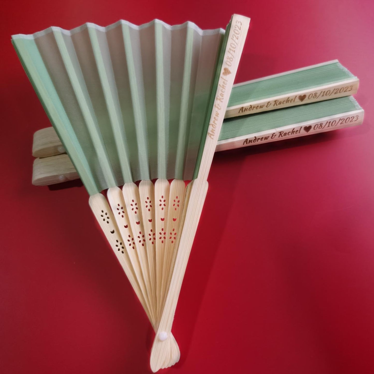 Personalized Wedding Fans Handheld Folding Fans(70Pcs) - Custom Engraved Green Silk Fans for Bridal Shower Favor/Baby Shower Favor, Birthdays Party Gifts/Gifts for Party Guests